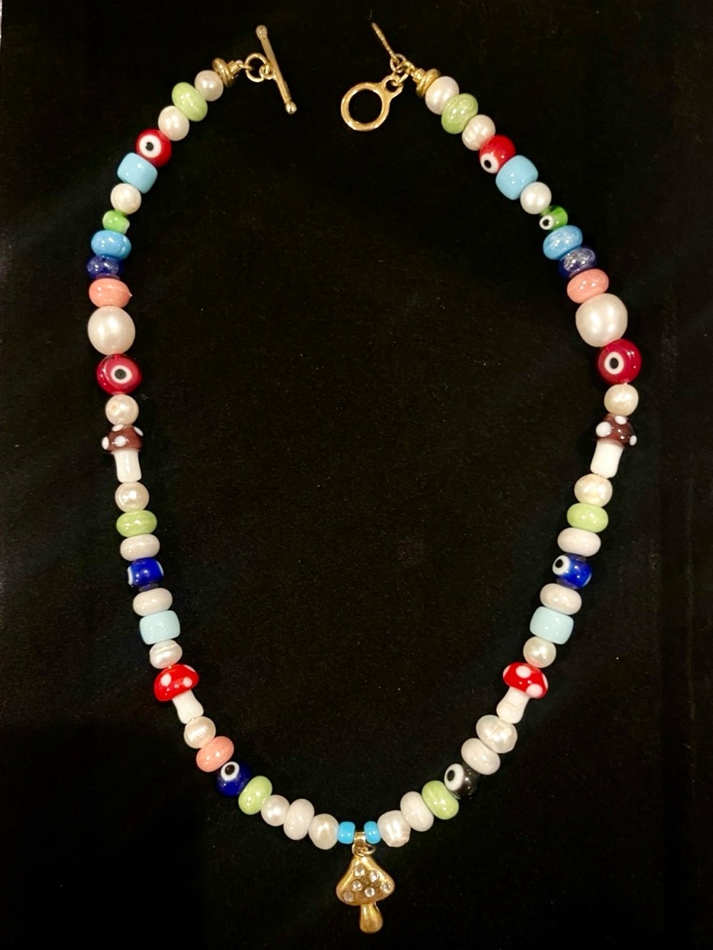 Gold Mushroom Charm Multicolor Beaded Necklace by - Picture 6 of 6
